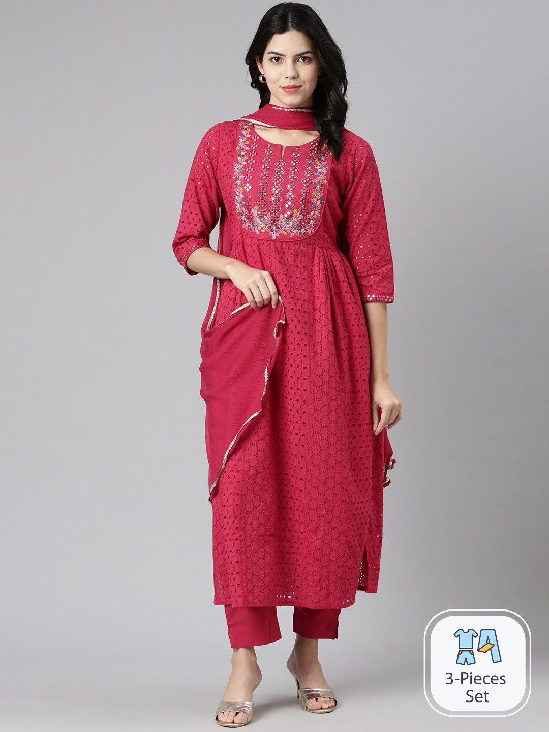 

Neerus Ethnic Motifs Pleated Thread Work Kurta With Trousers & Dupatta, Pink