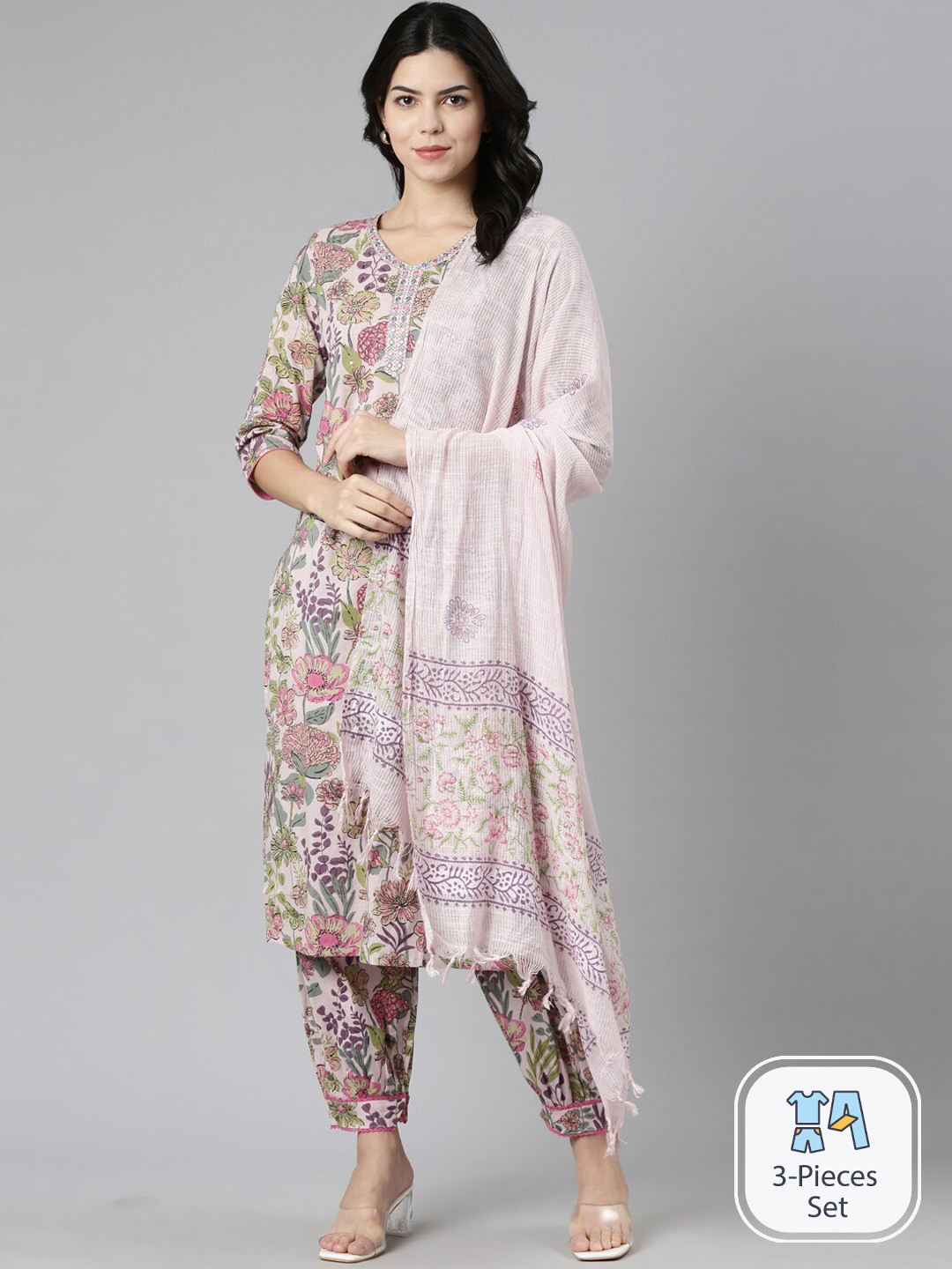 

Neerus Floral Printed Mirror Work Kurta With Salwar & Dupatta, Pink