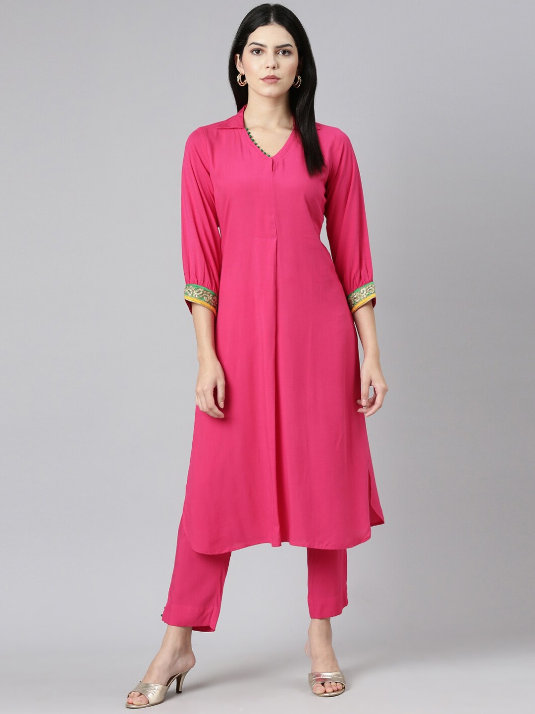 

Neerus Shirt Collar Cuffed Sleeves Pathani Kurta with Trousers, Pink