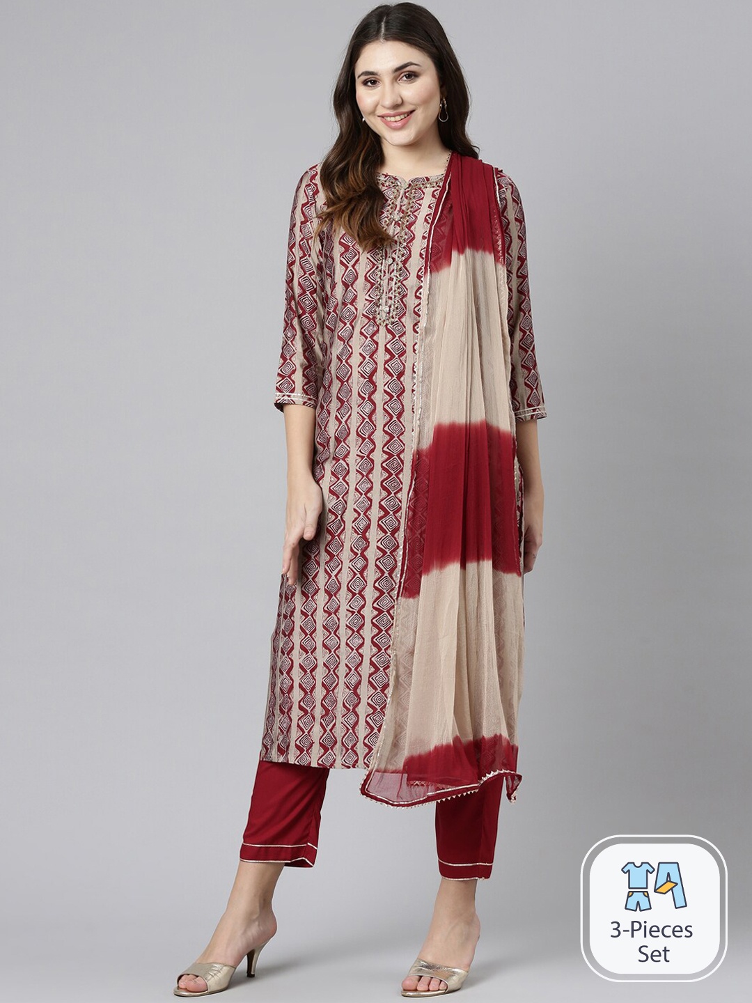 

Neerus Geometric Printed Gotta Patti Kurta With Trousers & Dupatta, Maroon