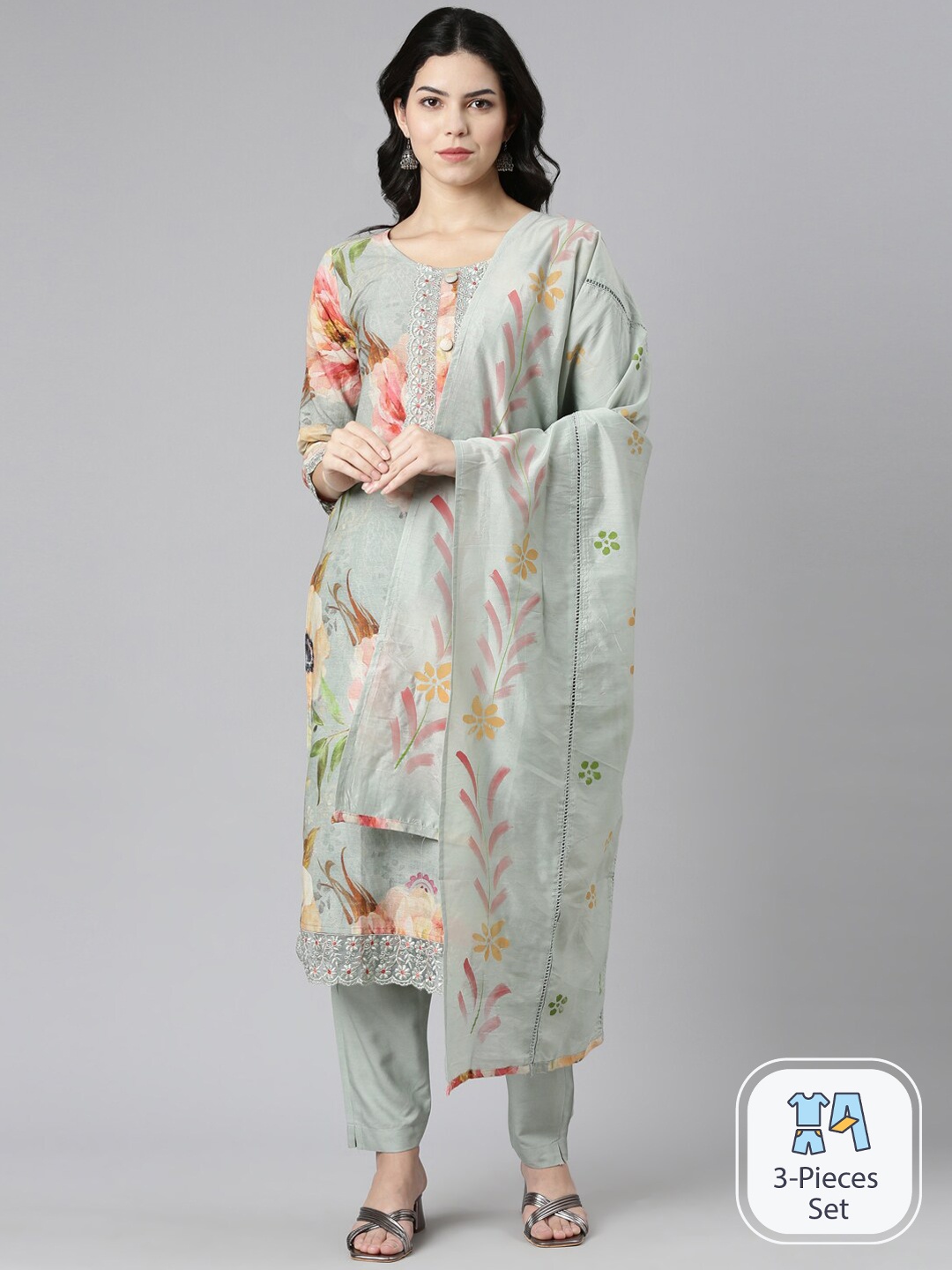 

Neerus Floral Printed Thread Work Kurta With Trousers & Dupatta, Blue