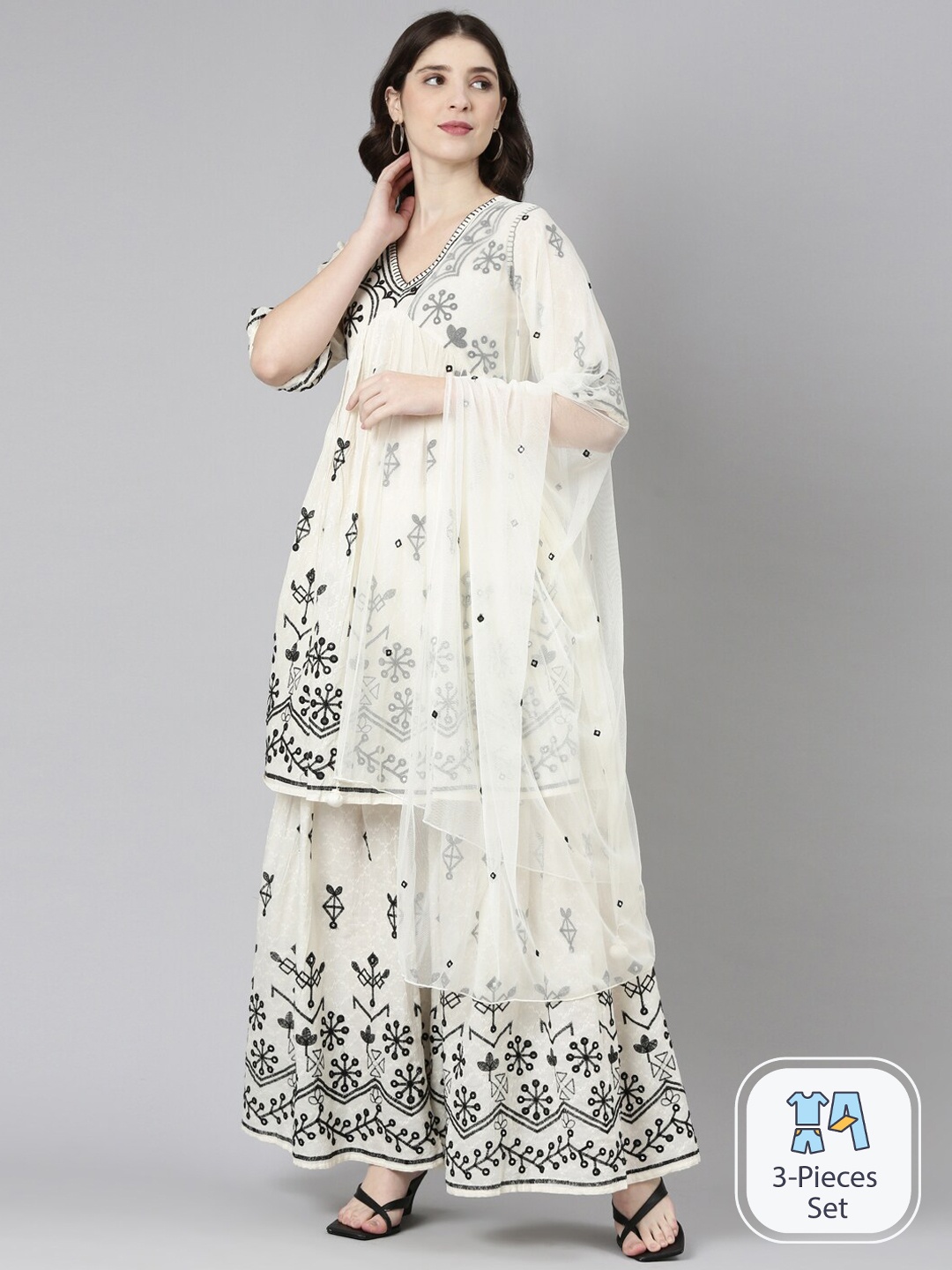 

Neerus Floral Embroidered Empire Kurta With Sharara & Dupatta, Cream