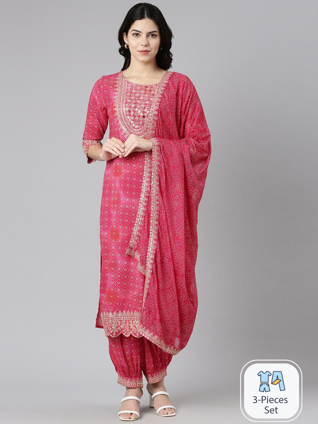 

Neerus Floral Printed Mirror Work Kurta With Salwar & Dupatta, Pink