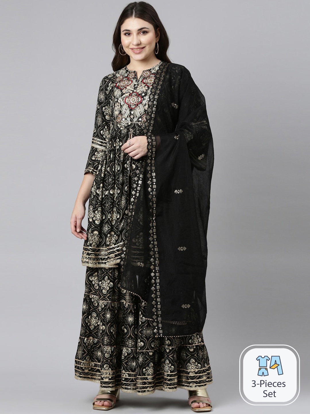 

Neerus Ethnic Motifs Printed Gotta Patti Anarkali Kurta With Sharara & Dupatta, Black