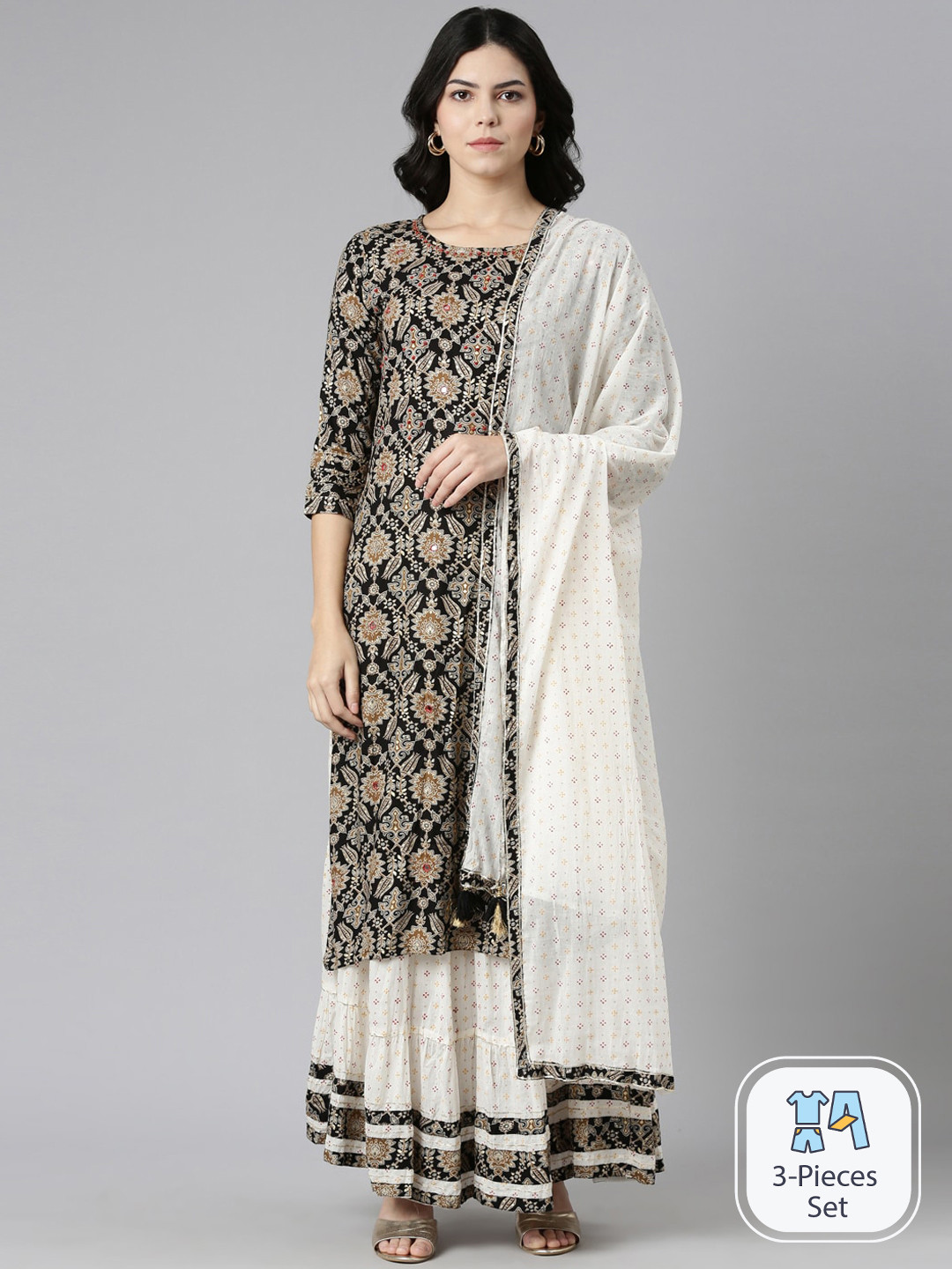 

Neerus Ethnic Motifs Printed Regular Kurta with Skirt & With Dupatta, Black
