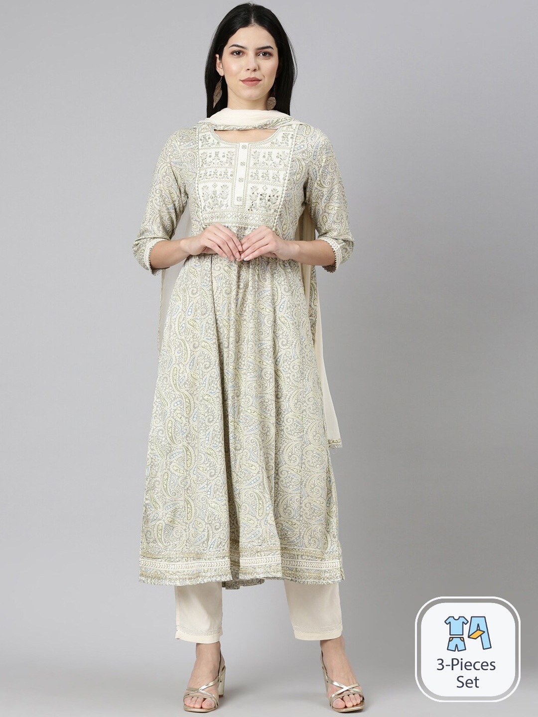 

Neerus Floral Printed Kurta & Trousers With Dupatta, Cream