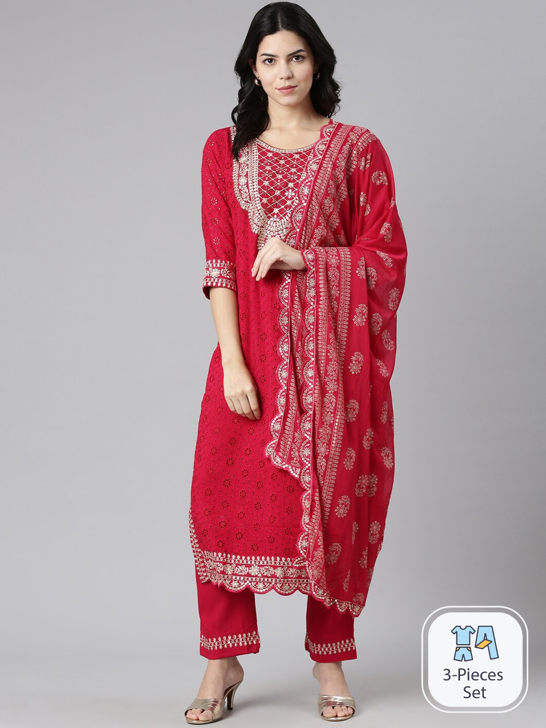 

Neerus Ethnic Motifs Printed Sequinned Kurta With Trousers & Dupatta, Red