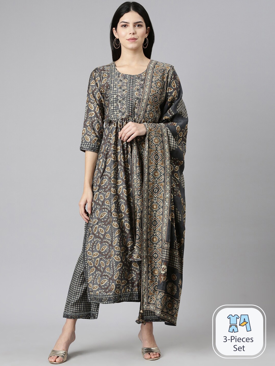 

Neerus Floral Printed Beads and Stones Kurta With Trousers & Dupatta, Grey