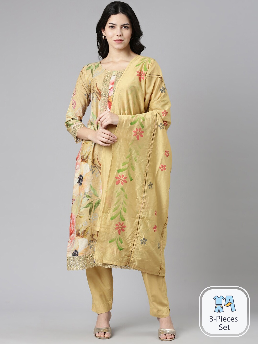 

Neerus Floral Printed Thread Work Kurta With Trousers & Dupatta, Yellow