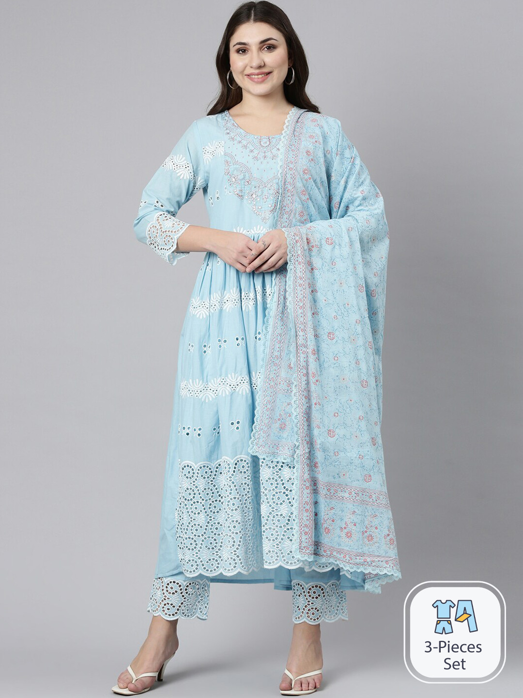 

Neerus Floral Embroidered Pleated Thread Work Kurta with Trousers & With Dupatta, Blue