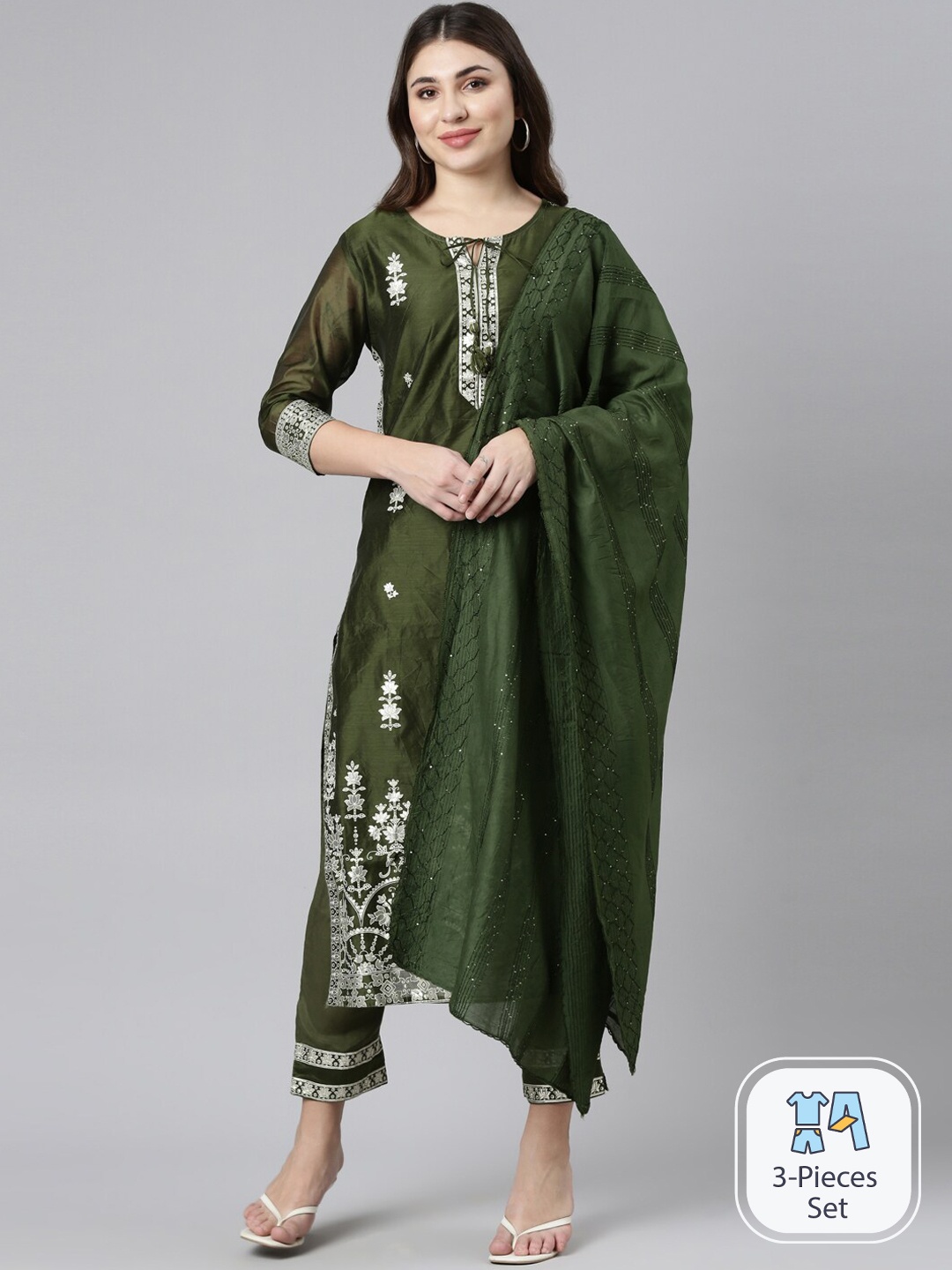 

Neerus Floral Embroidered Sequinned Kurta With Trousers & Dupatta, Olive