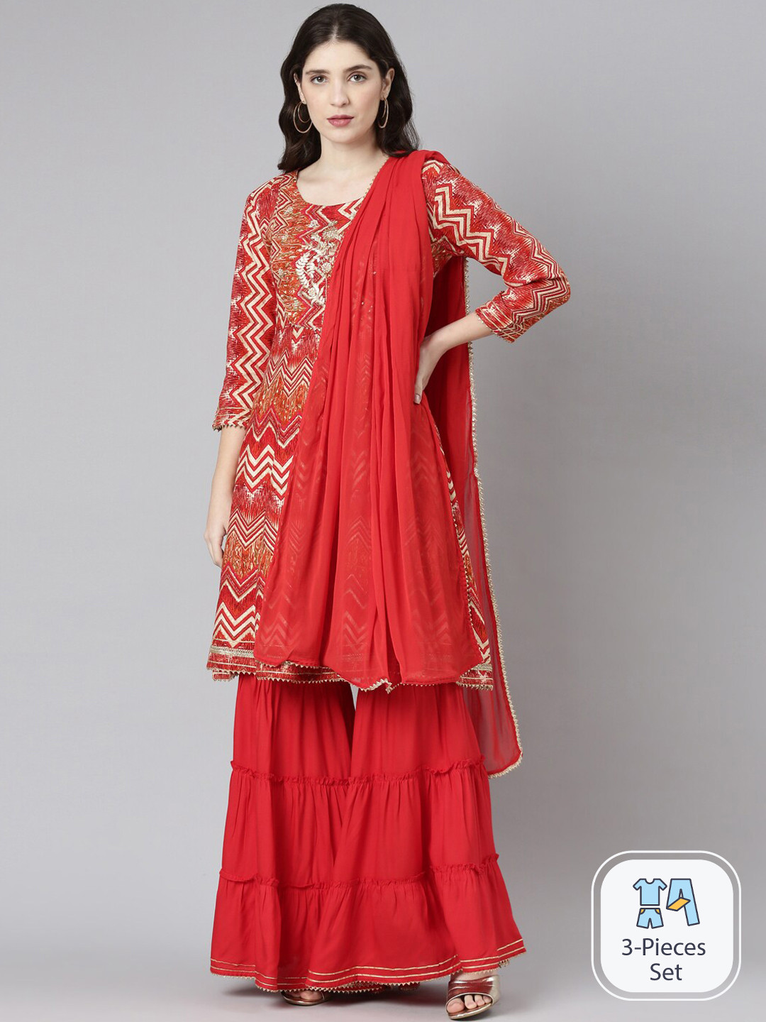 

Neerus Chevron Printed Anarkali Kurta with Sharara & Dupatta, Red