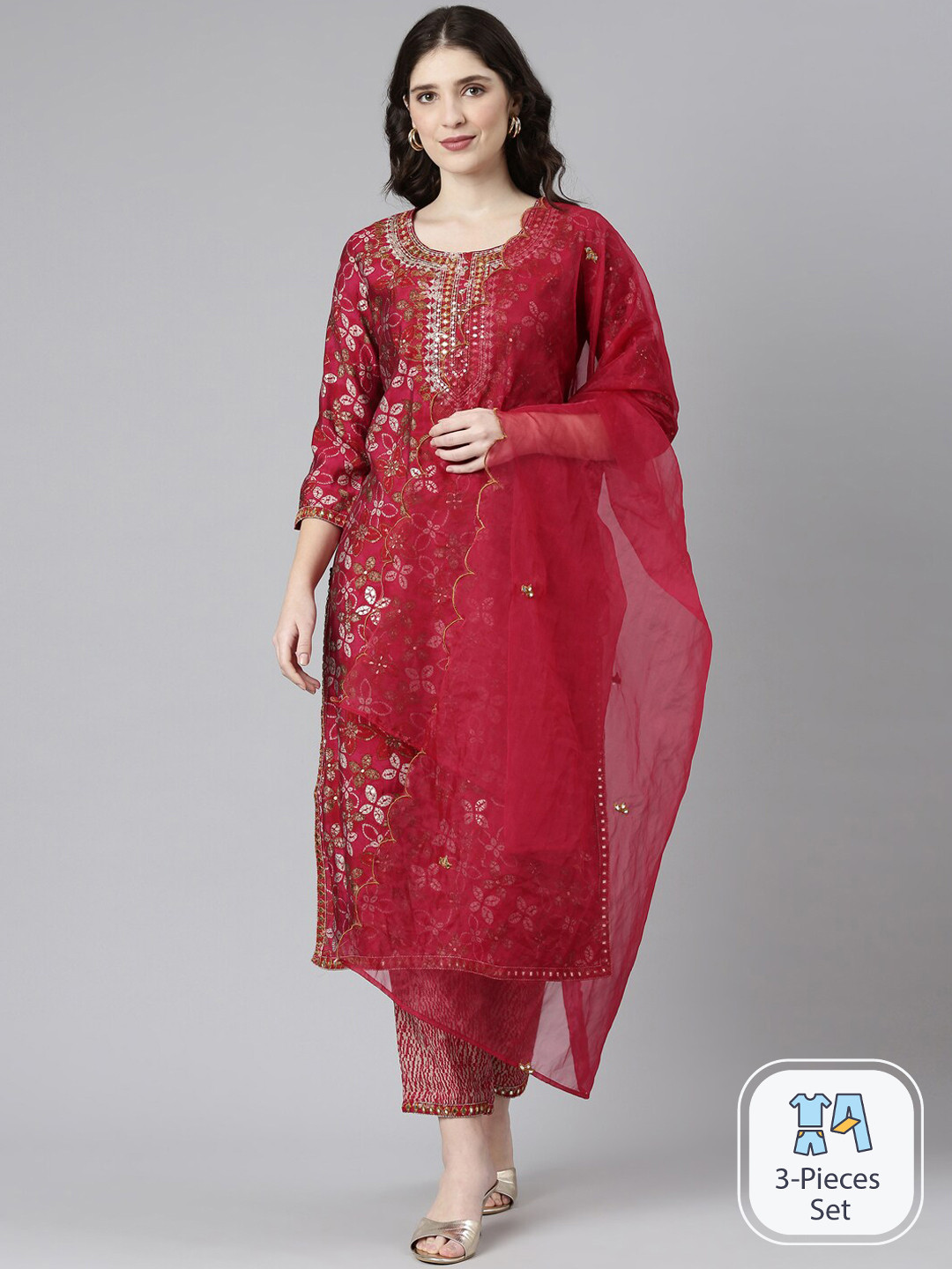 

Neerus Floral Printed Regular Mirror Work Kurta With Trousers & Dupatta, Magenta