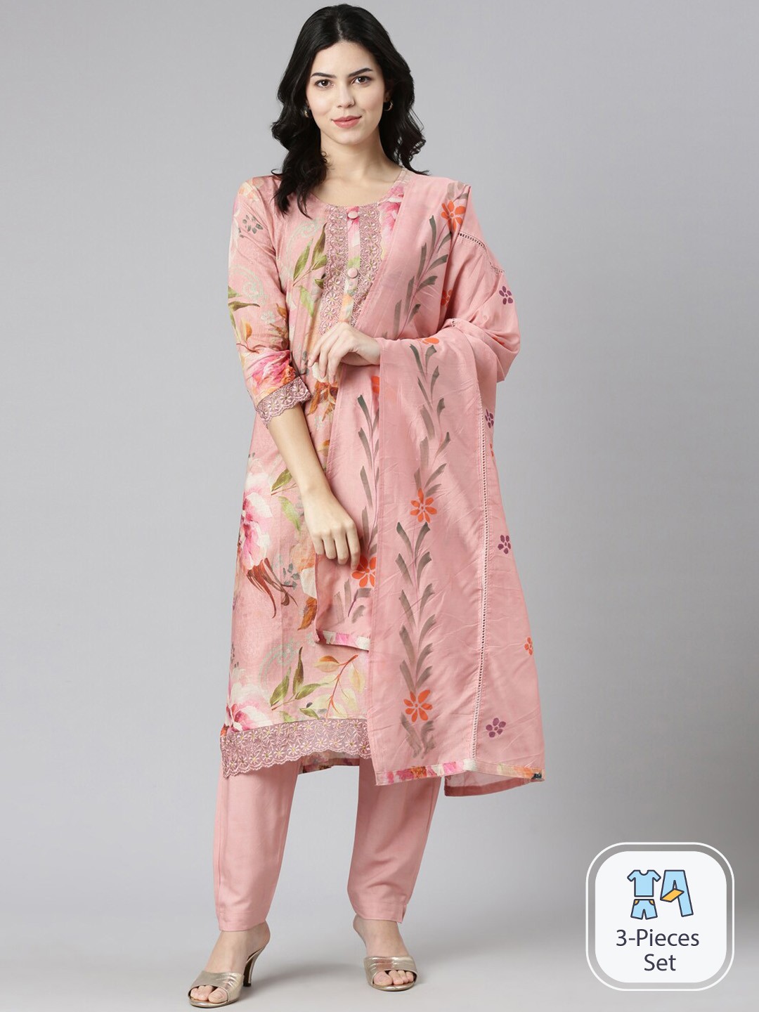 

Neerus Floral Printed Kurta & Trousers With Dupatta, Pink