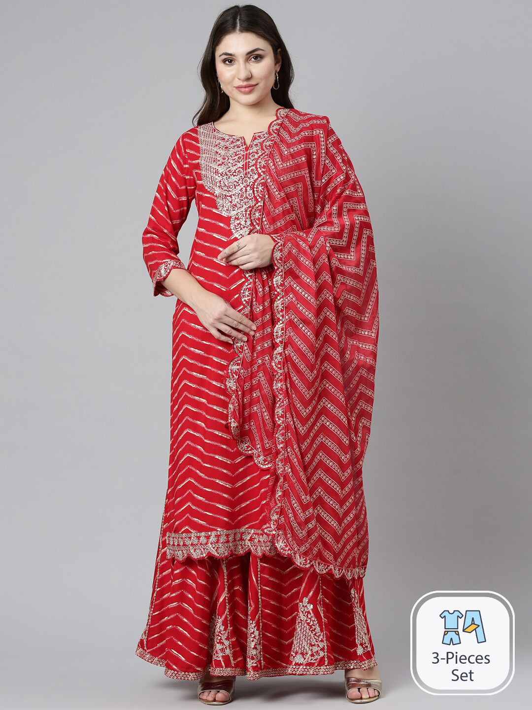 

Neerus Chevron Printed Sequinned Kurta With Sharara & Dupatta, Red