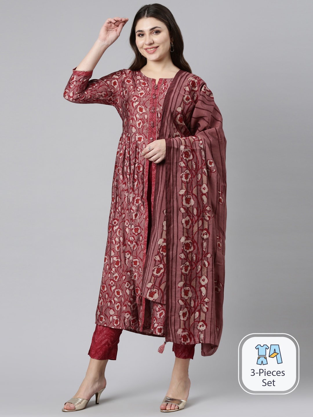 

Neerus Floral Printed Empire Anarkali Kurta with Trousers & With Dupatta, Maroon