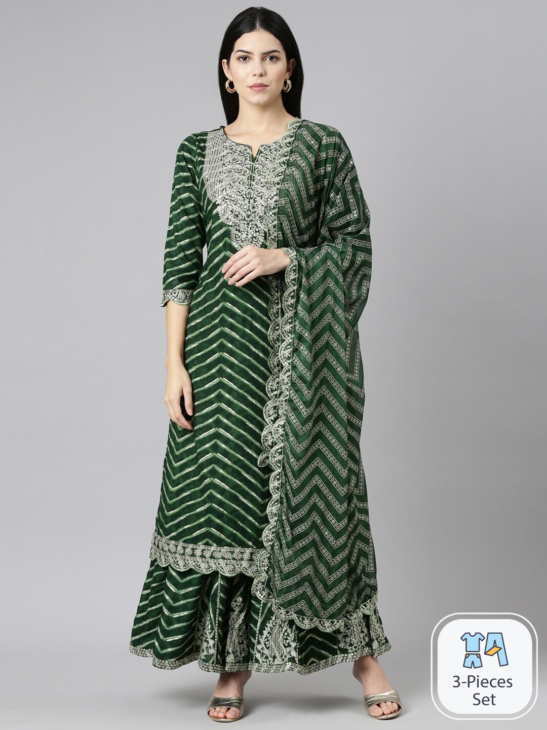 

Neerus Chevron Printed Mirror Work Kurta With Sharara & Dupatta, Green