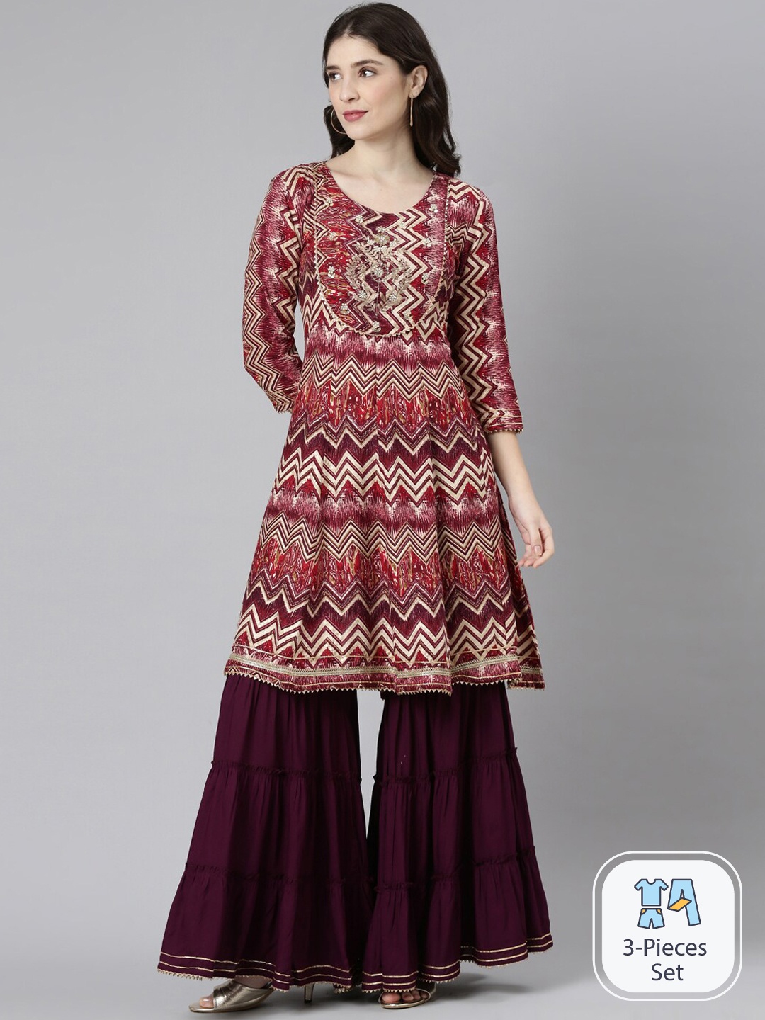 

Neerus Chevron Printed Gotta Patti Kurta With Sharara & Dupatta, Burgundy