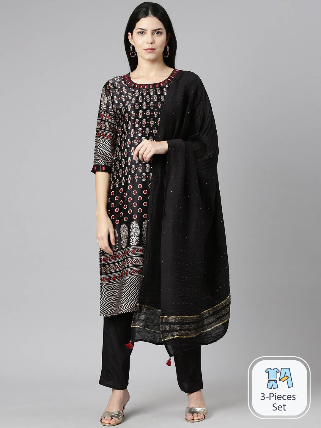 

Neerus Ethnic Motifs Printed Mirror Work Kurta With Trousers & Dupatta, Black