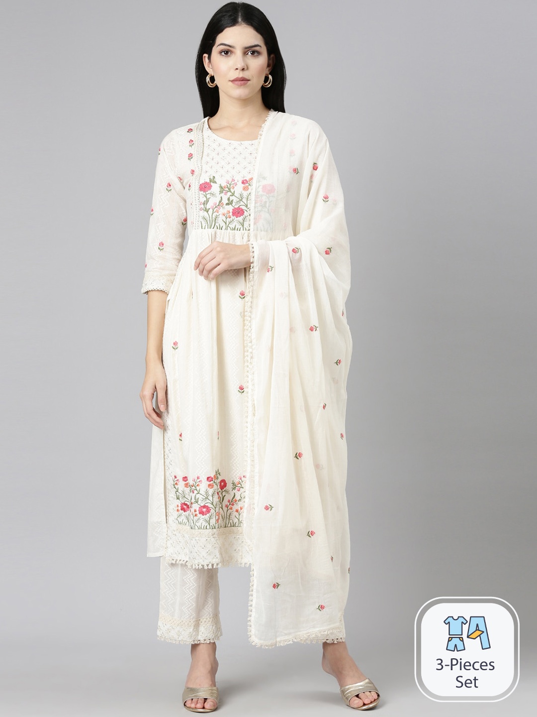 

Neerus Floral Embroidered Thread Work Kurta With Trousers & Dupatta, Cream