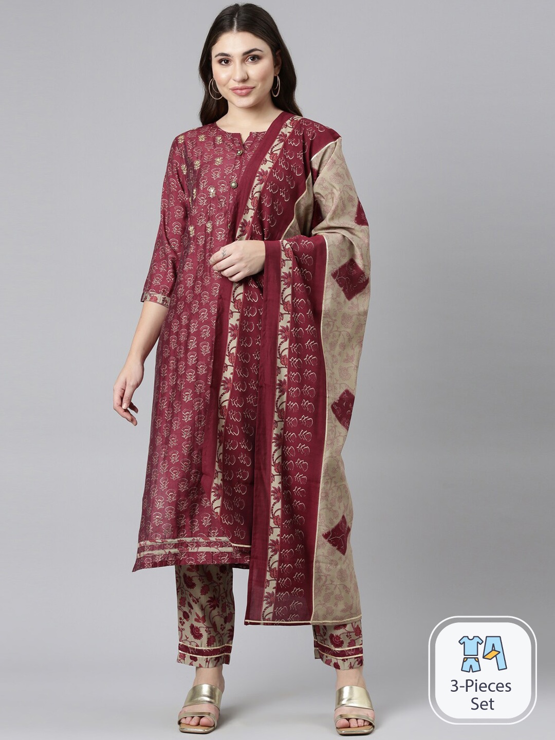 

Neerus Floral Embroidered Kurta With Trousers & Dupatta, Maroon
