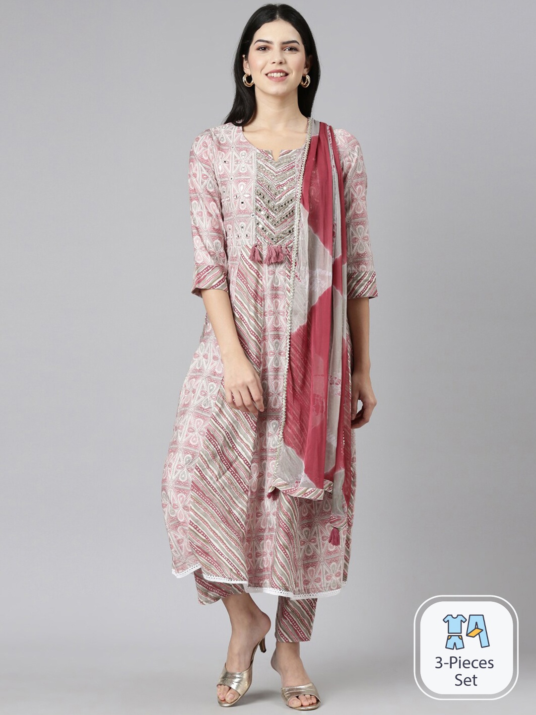 

Neerus Floral Printed Regular Mirror Work Kurta With Trousers & With Dupatta, Pink