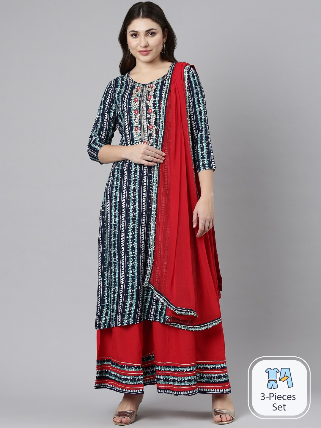 

Neerus Ethnic Motifs Printed Regular Beads & Stones Kurta With Palazzos & Dupatta, Navy blue