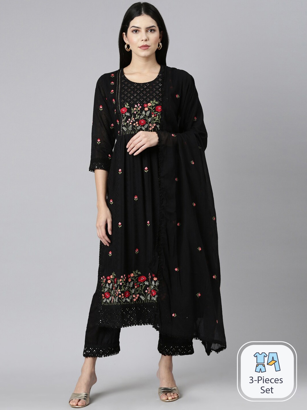 

Neerus Women Floral Embroidered Pleated Sequinned Kurta Set With Dupatta, Black