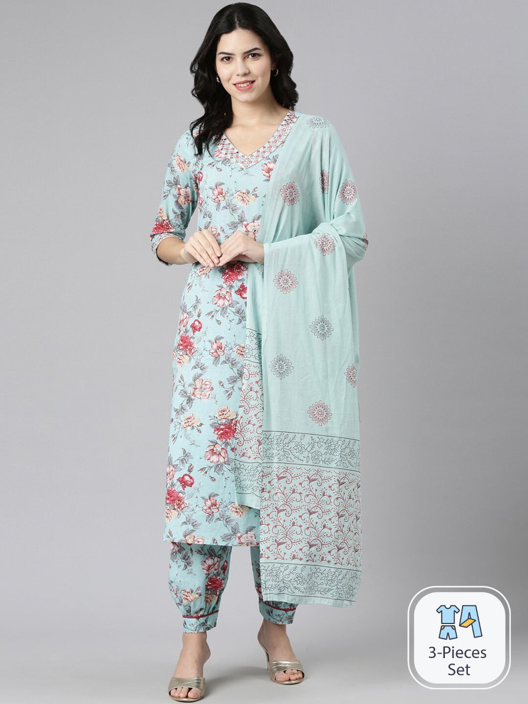 

Neerus Floral Printed Straight Thread Work Detail Kurta & Salwar With Dupatta, Sea green