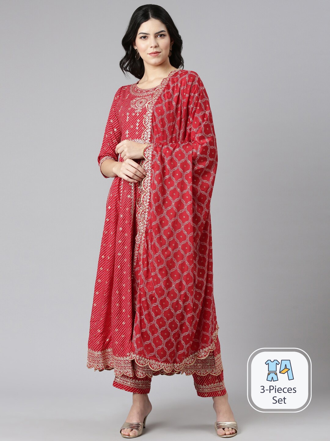 

Neerus Leheriya Embroidered Anarkali Sequinned Kurta Set With Dupatta, Red