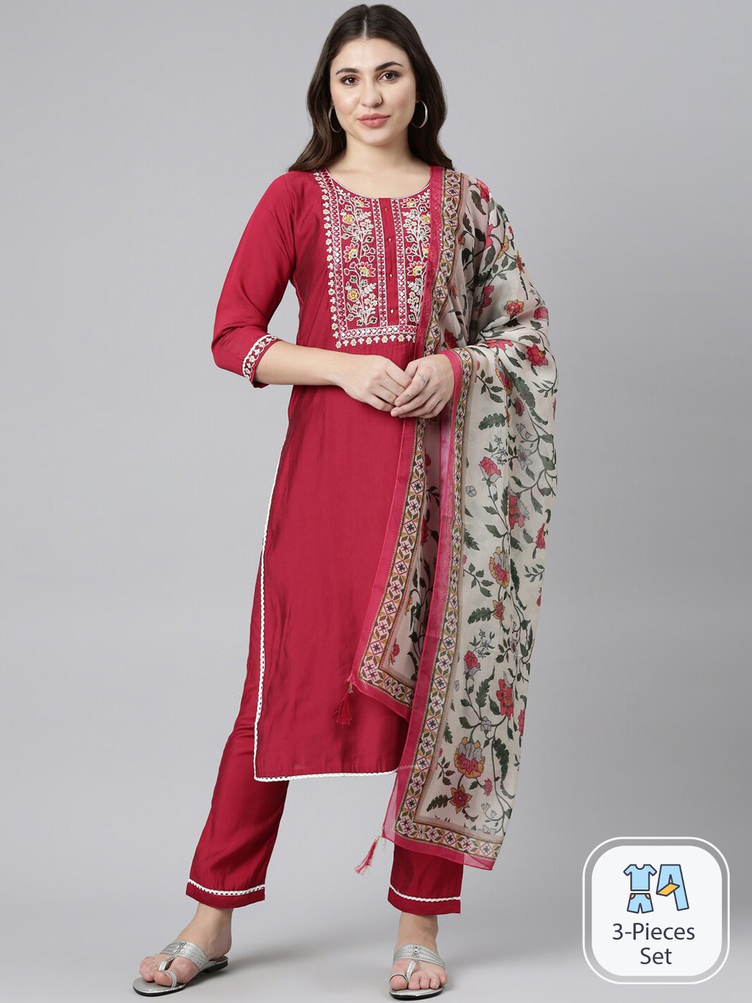 

Neerus Ethnic Motifs Yoke Design Thread Work Kurta With Trousers & Dupatta, Pink