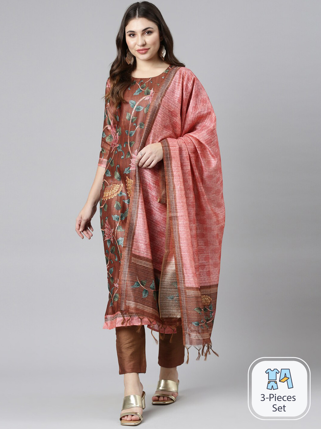 

Neerus Floral Printed Chanderi Cotton Kurta With Trousers & Dupatta, Rust