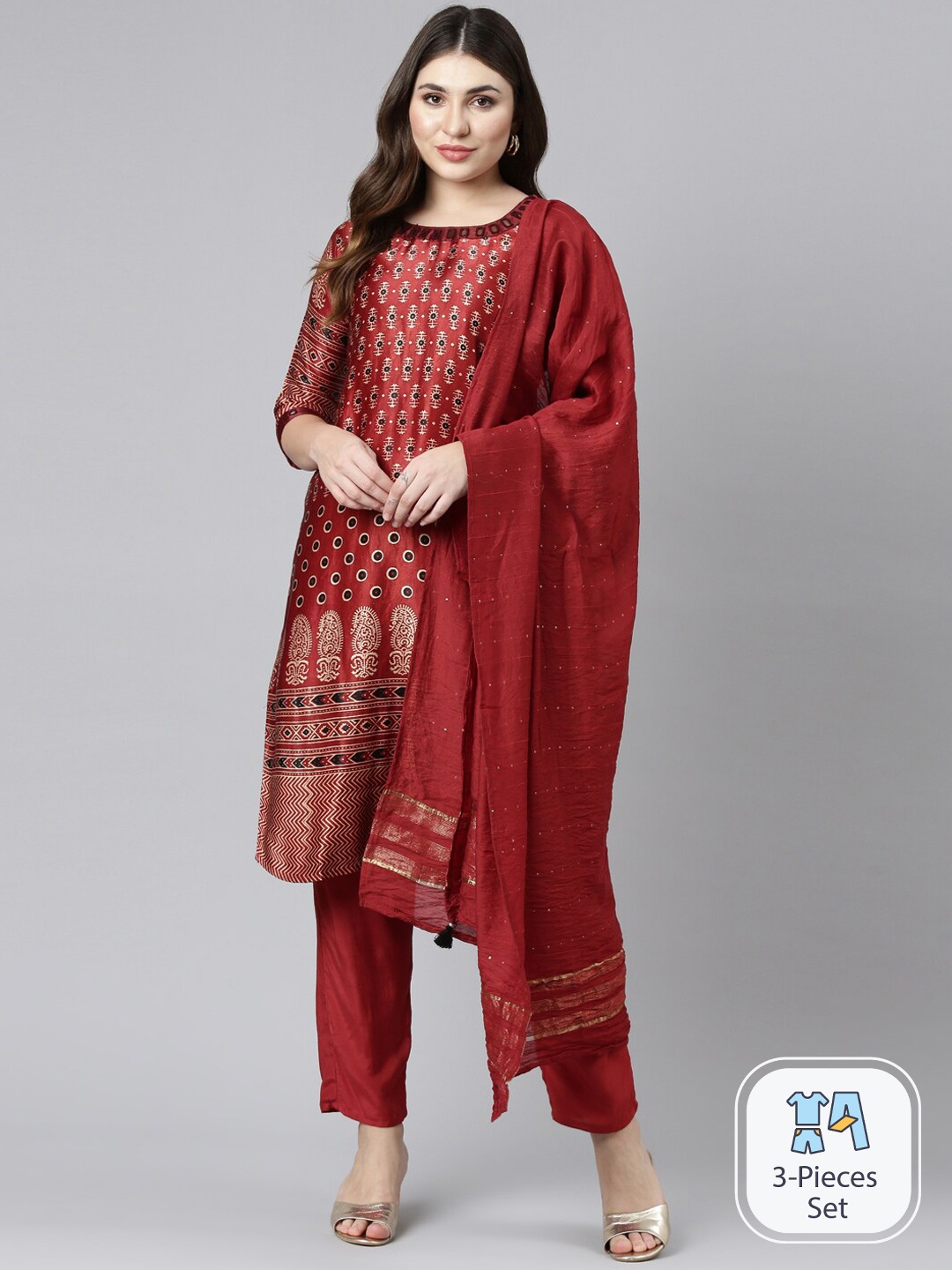 

Neerus Ethnic Motifs Printed Mirror Work Kurta With Trousers & Dupatta, Maroon