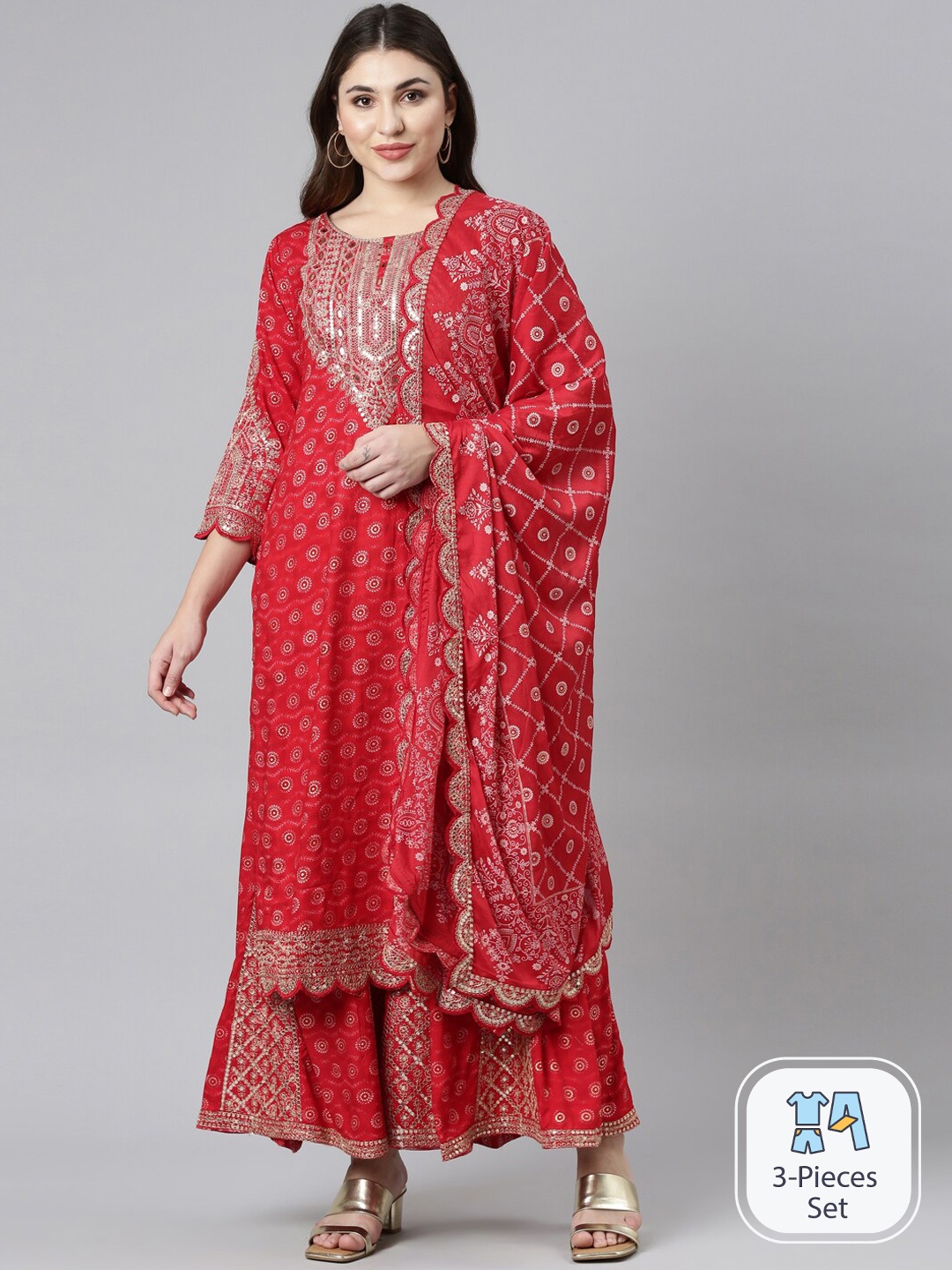 

Neerus Ethnic Motifs Printed Mirror Work Kurta With Sharara & Dupatta, Red