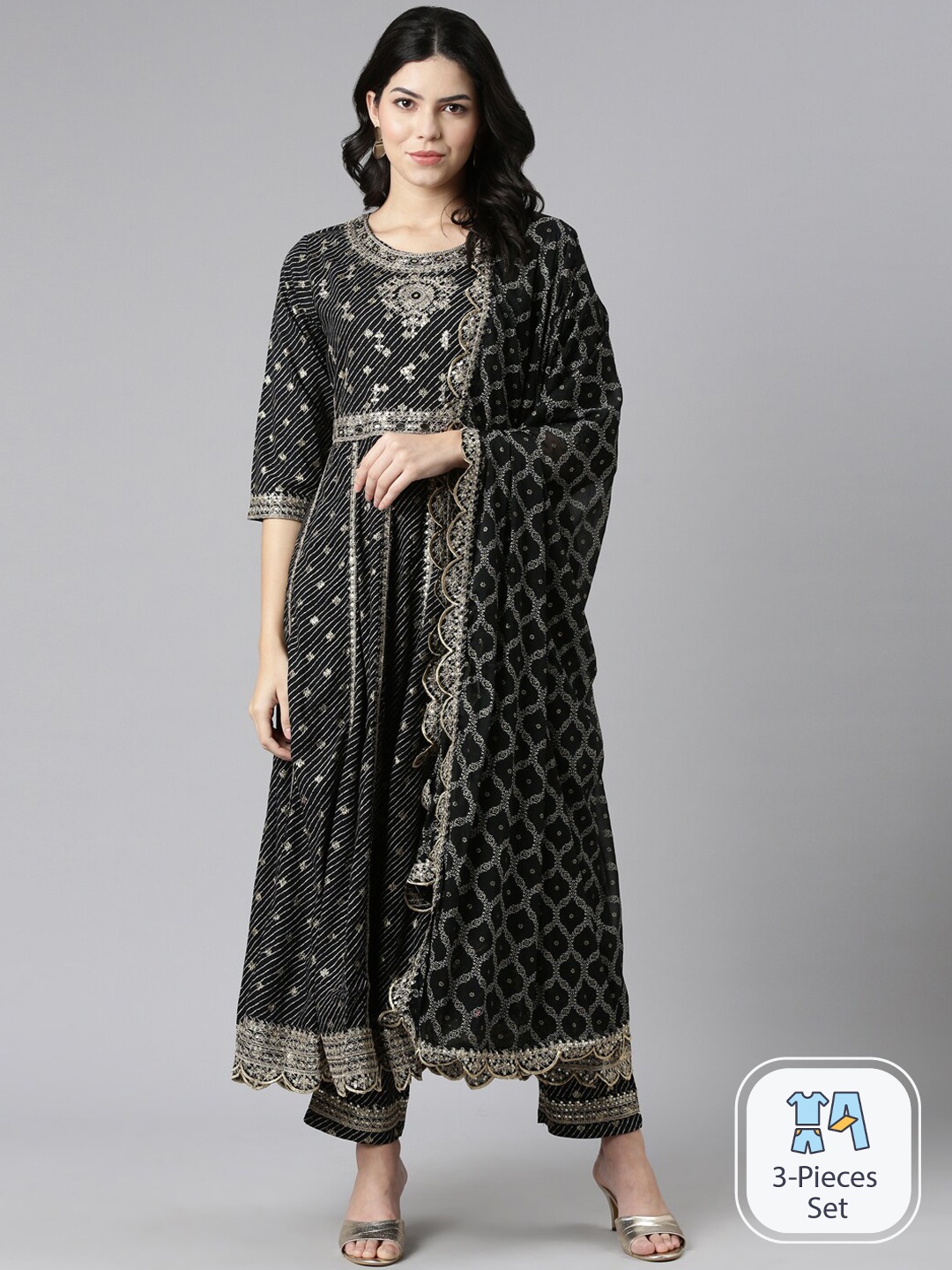 

Neerus Ethnic Motifs Embroidered Anarkali Kurta With Trousers & Dupatta, Black