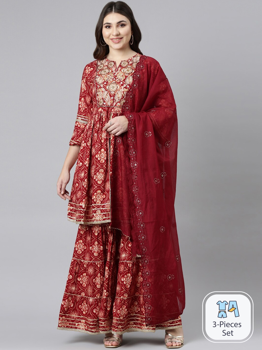 

Neerus Ethnic Motifs Printed Gotta Patti Anarkali Kurta With Sharara & Dupatta, Maroon