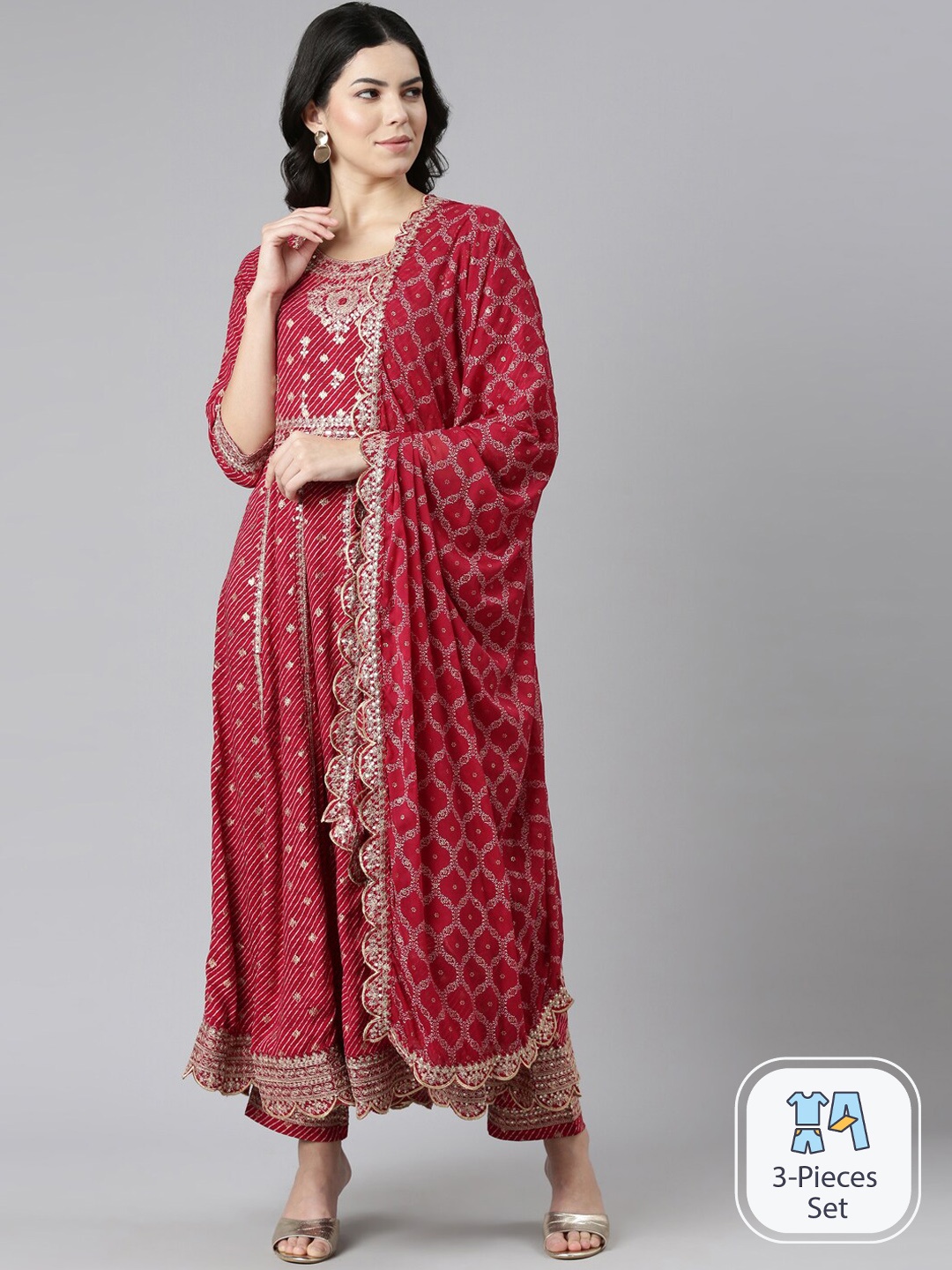 

Neerus Floral Embroidered Sequinned Anarkali Kurta with Trousers & Dupatta, Pink