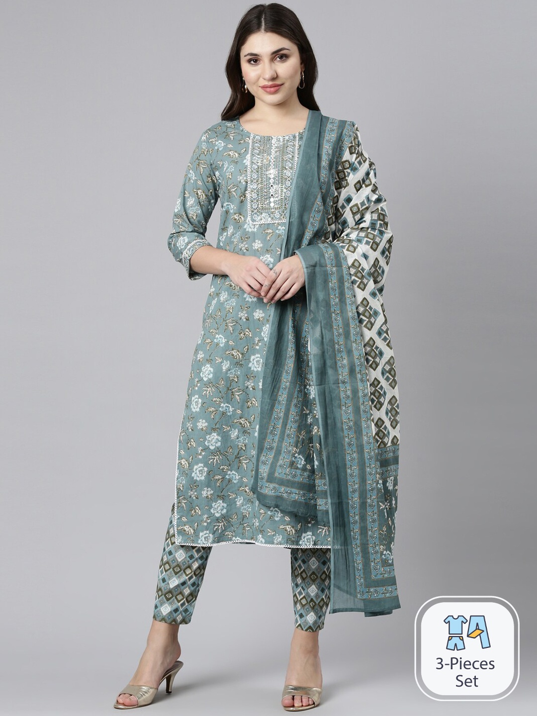 

Neerus Floral Printed Mirror Work Kurta With Trousers & Dupatta, Green