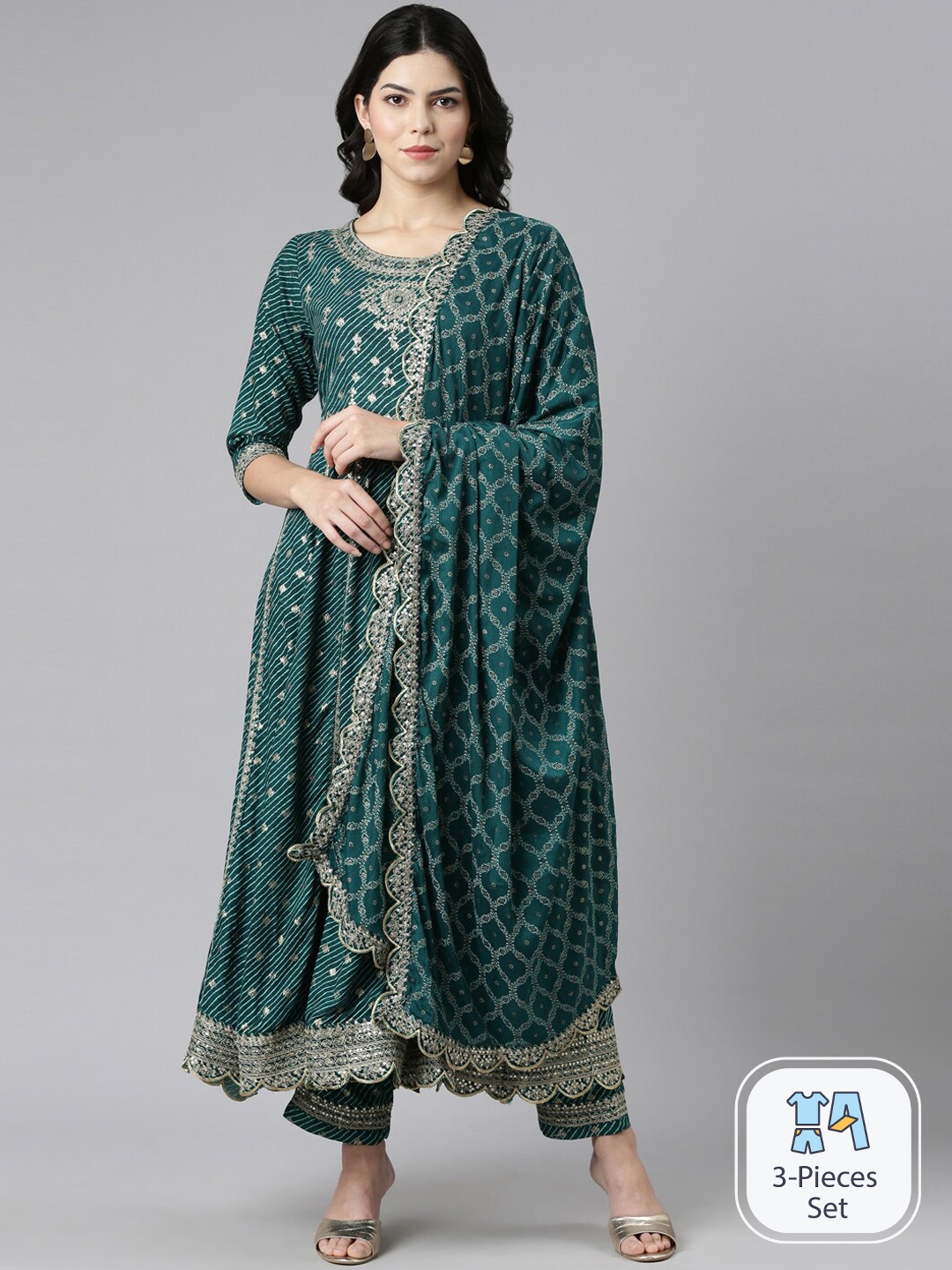 

Neerus Ethnic Motifs Printed Thread Work Kurta With Trousers & With Dupatta, Green