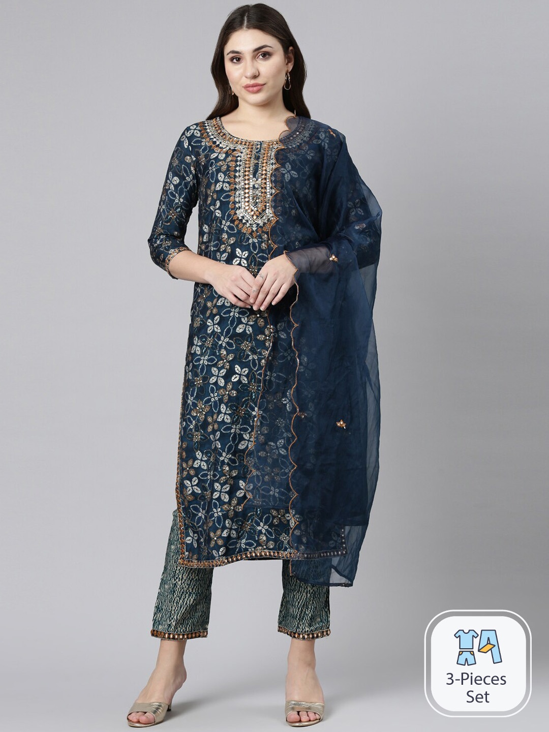 

Neerus Floral Printed Mirror Work Kurta With Trousers & Dupatta, Navy blue