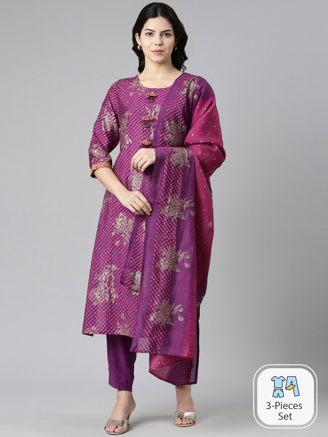 

Neerus Floral Embroidered Thread Work Regular Kurta with Trousers & Dupatta, Purple