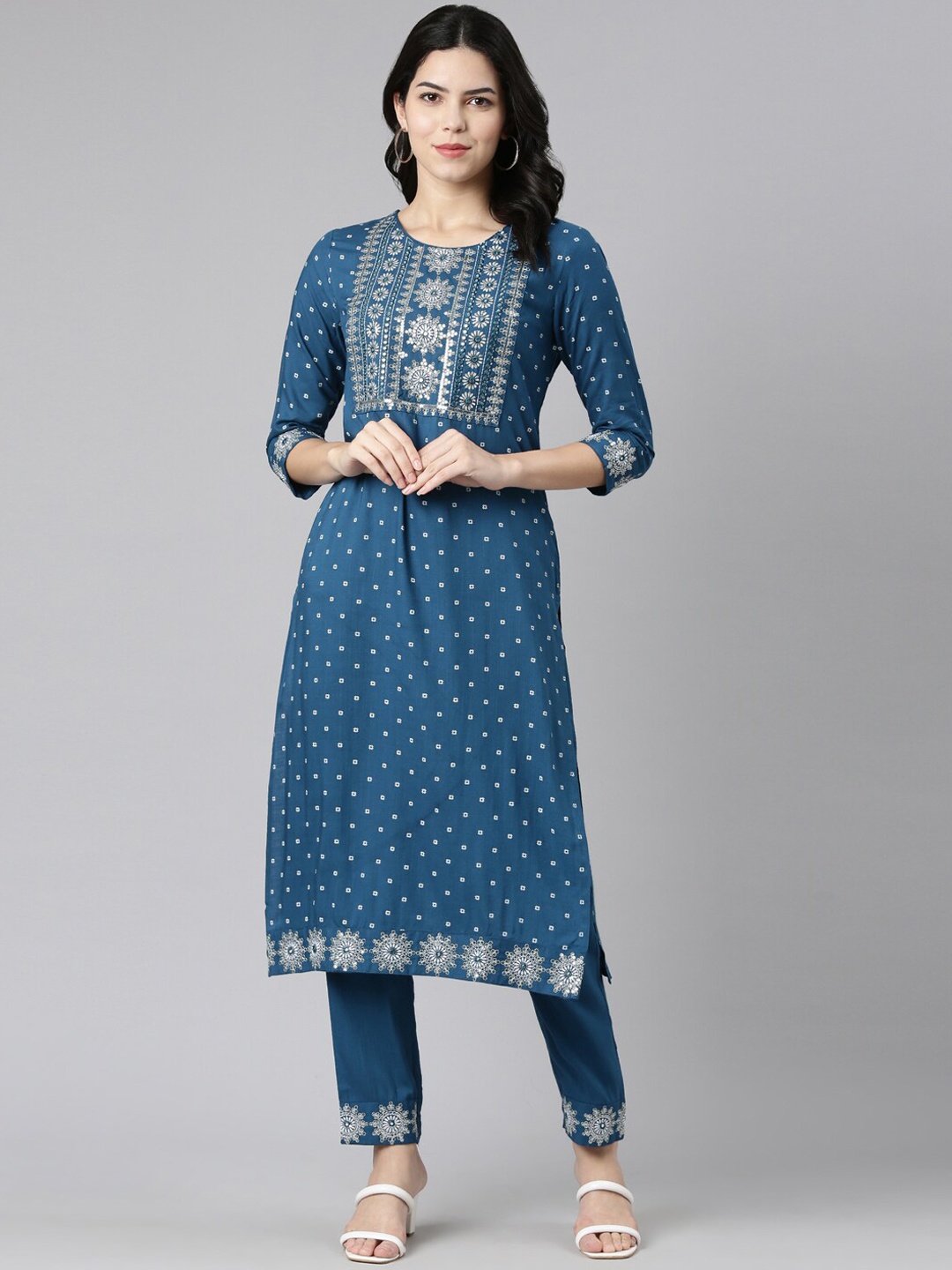

Neerus Floral Printed Yoke Design Regular Mirror Work Kurta with Trousers, Blue