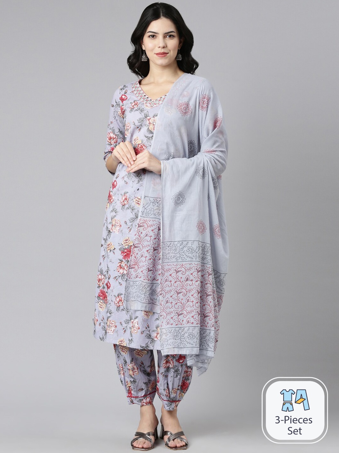 

Neerus Floral Printed Mirror Work Kurta & Salwar With Dupatta, Purple