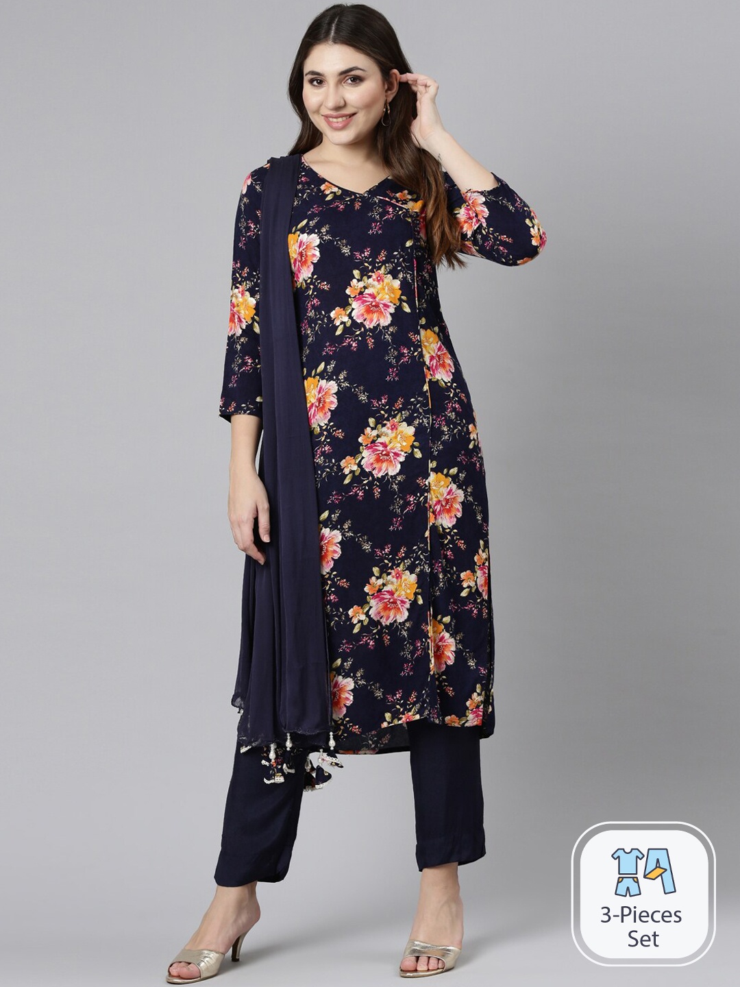 

Neerus Floral Printed Angrakha Kurta With Trousers & Dupatta, Navy blue