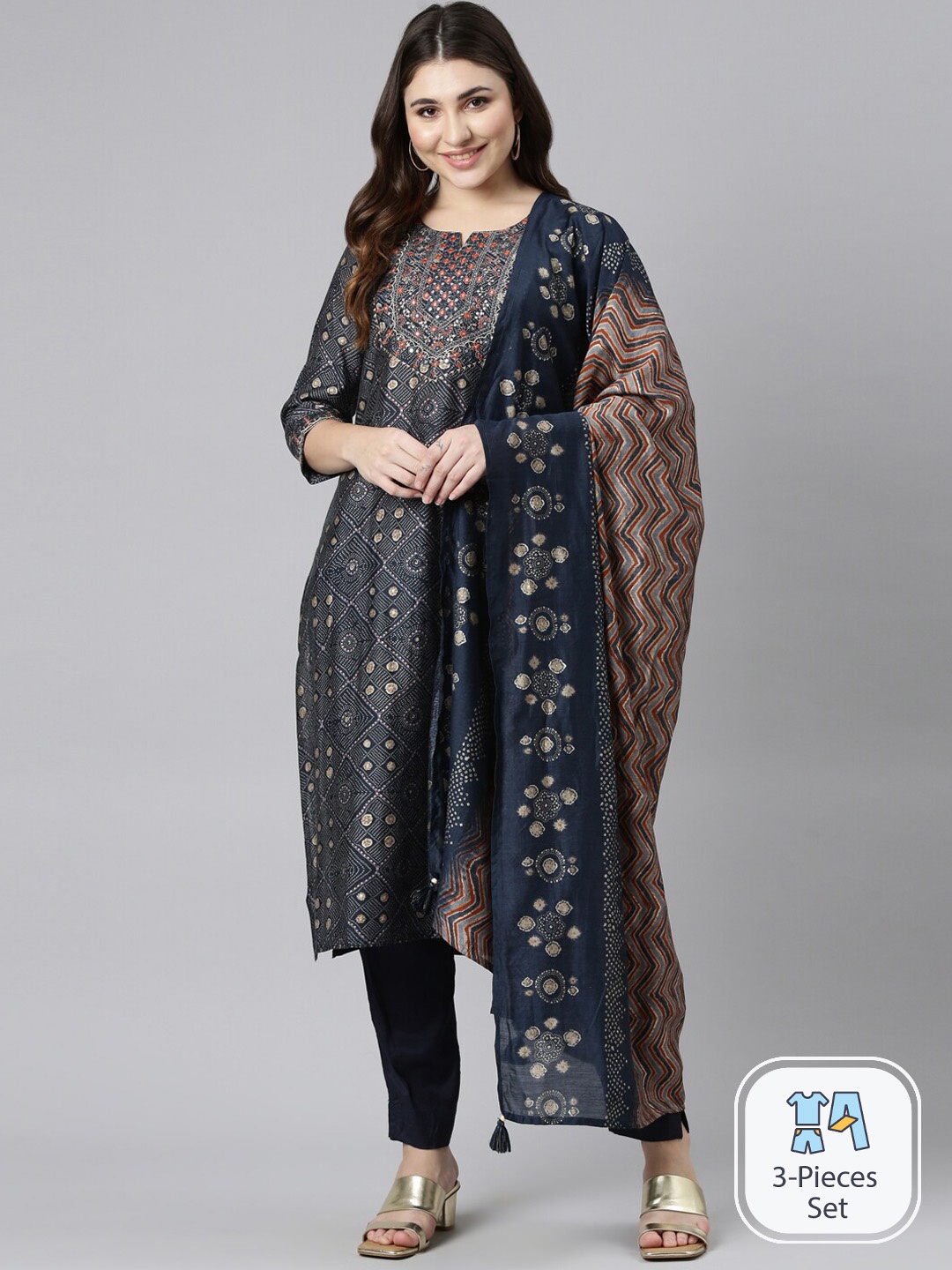 

Neerus Geometric Printed Thread Work Kurta & Trousers With Dupatta, Navy blue