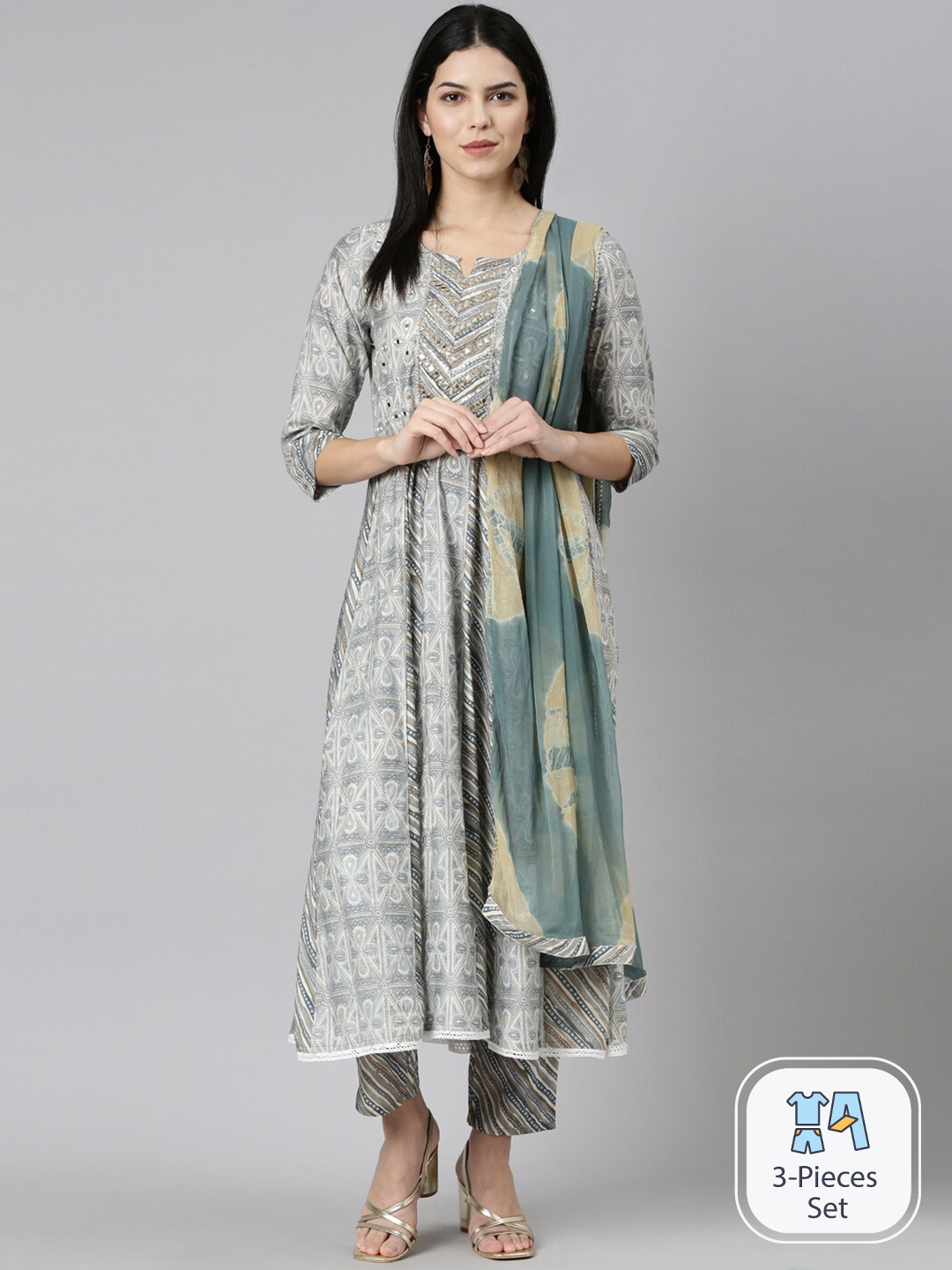 

Neerus Ethnic Motifs Printed Mirror Work Detail A-Line Kurta & Trousers With Dupatta, Grey