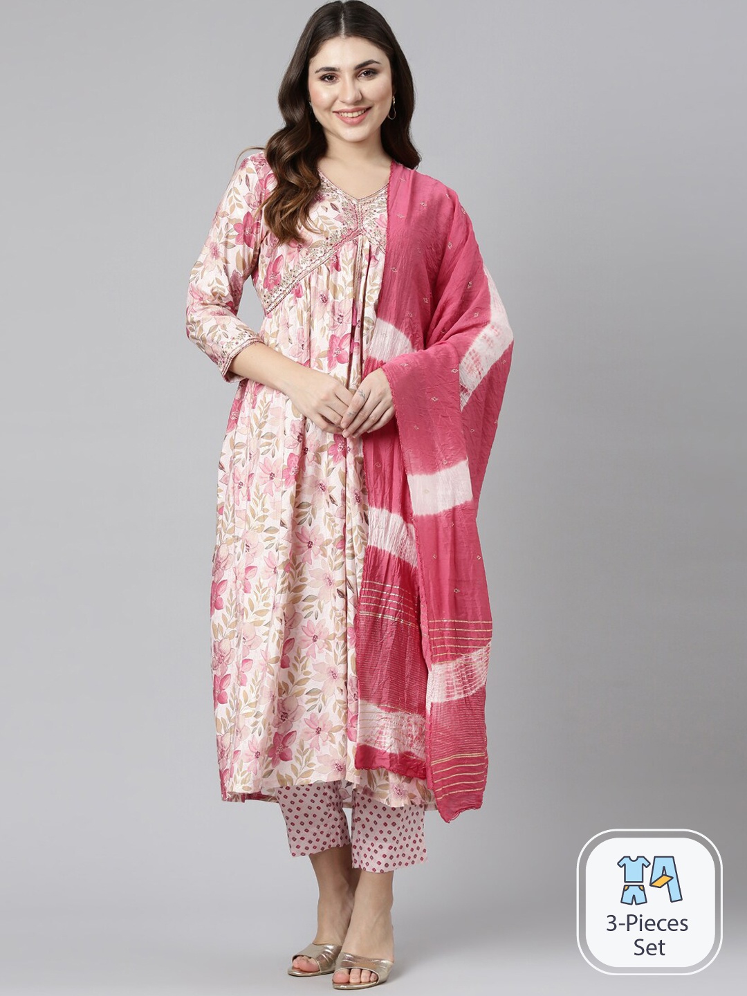 

Neerus Floral Printed Empire Thread Work Kurta With Trousers & Dupatta, Pink