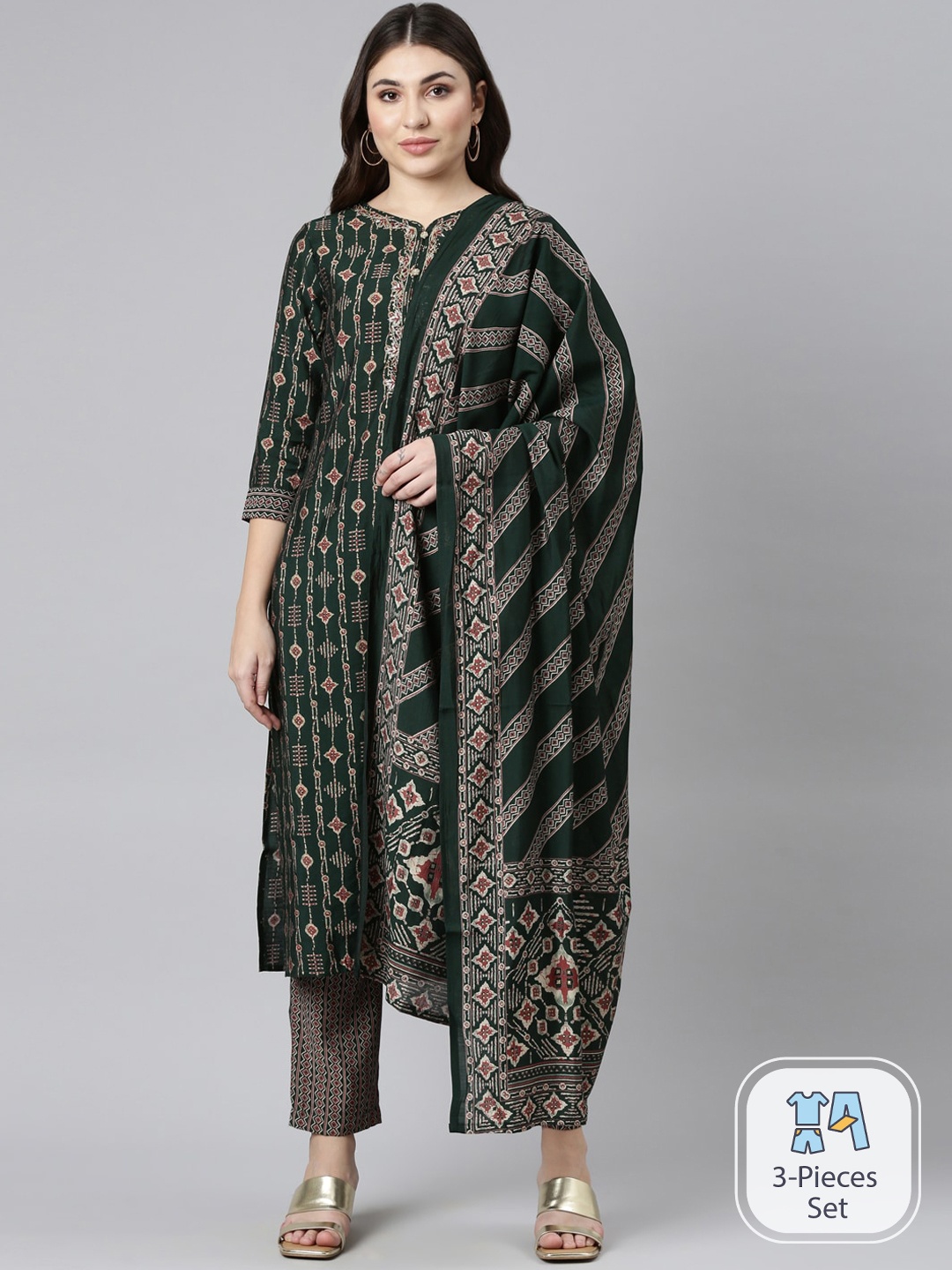 

Neerus Ethnic Motifs Printed Regular Kurta with Trousers & Dupatta, Green