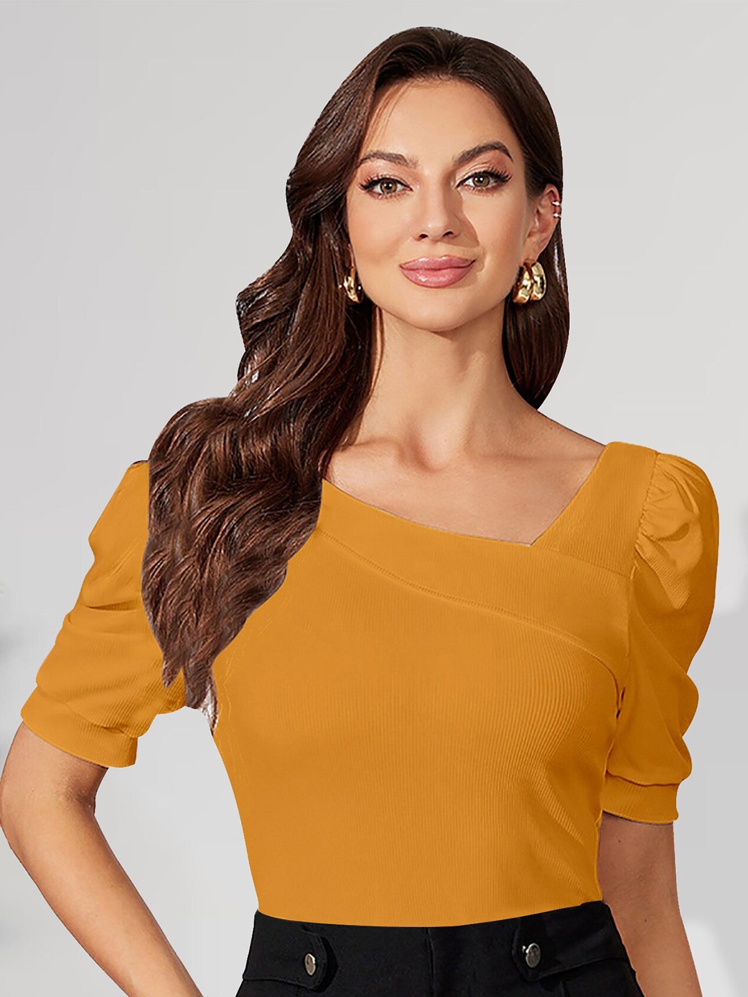 

Dream Beauty Fashion Asymmetric Neck Puffed Sleeves Ribbed Top, Yellow