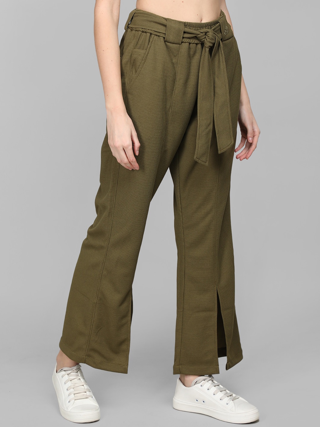 

CHKOKKO Women Mid-Rise Flared Fit Trousers, Olive
